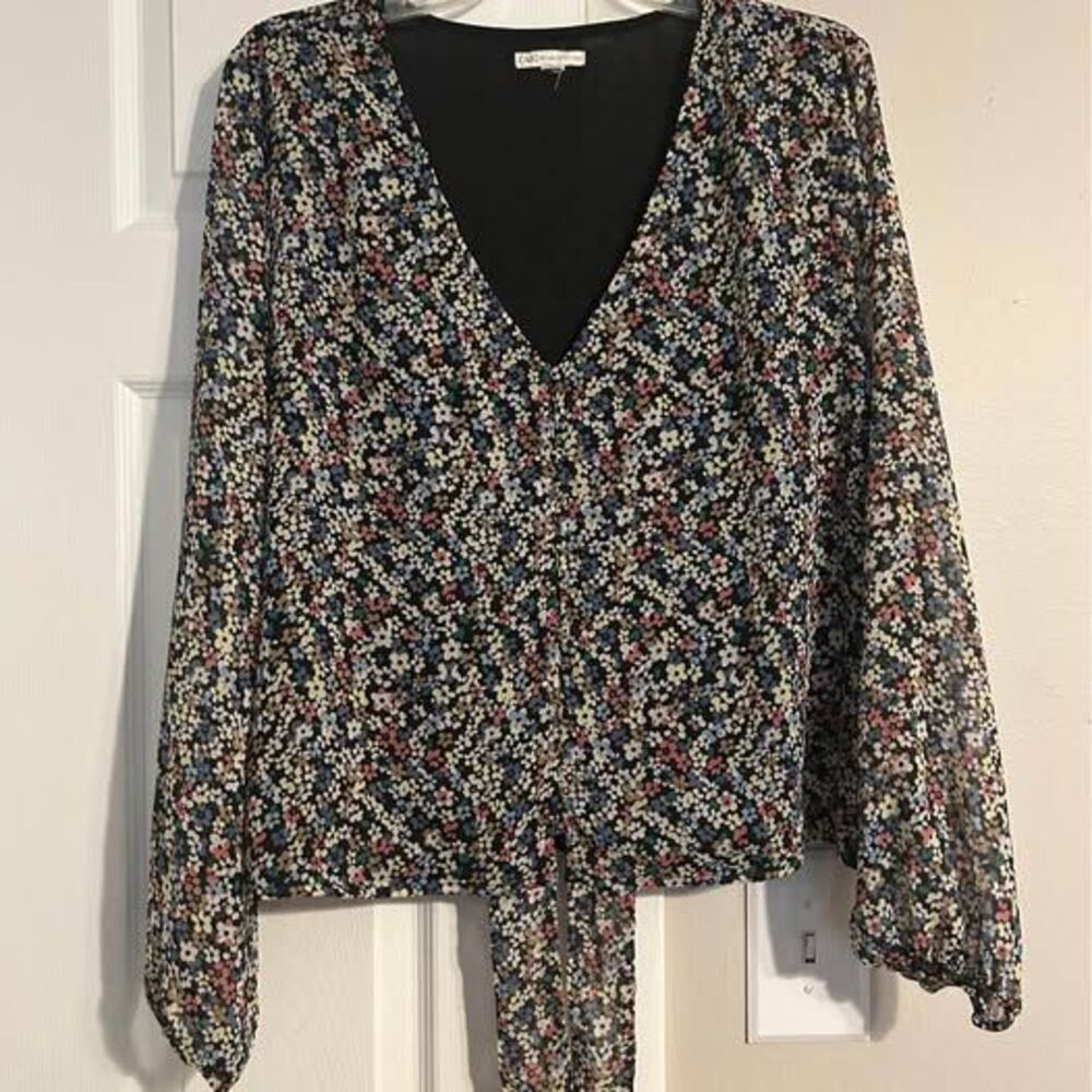 Cato 18/20W 2X Floral Tie Front Blouse Black Multicolor Long Sleeve Boho